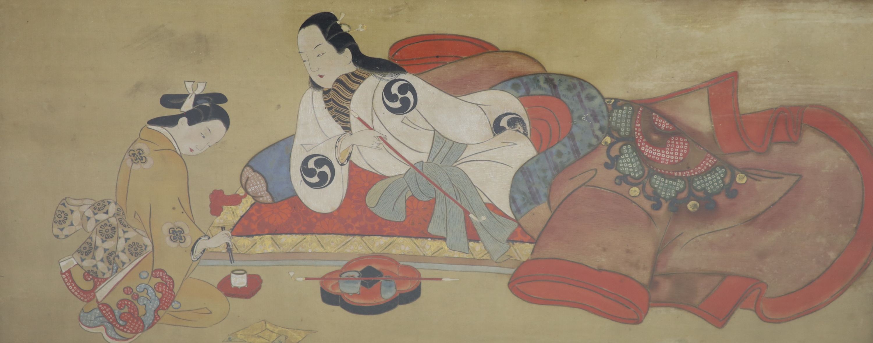Japanese School, Edo period, painting on silk of a noble lady, 23 x 52.5 cm, laid on board